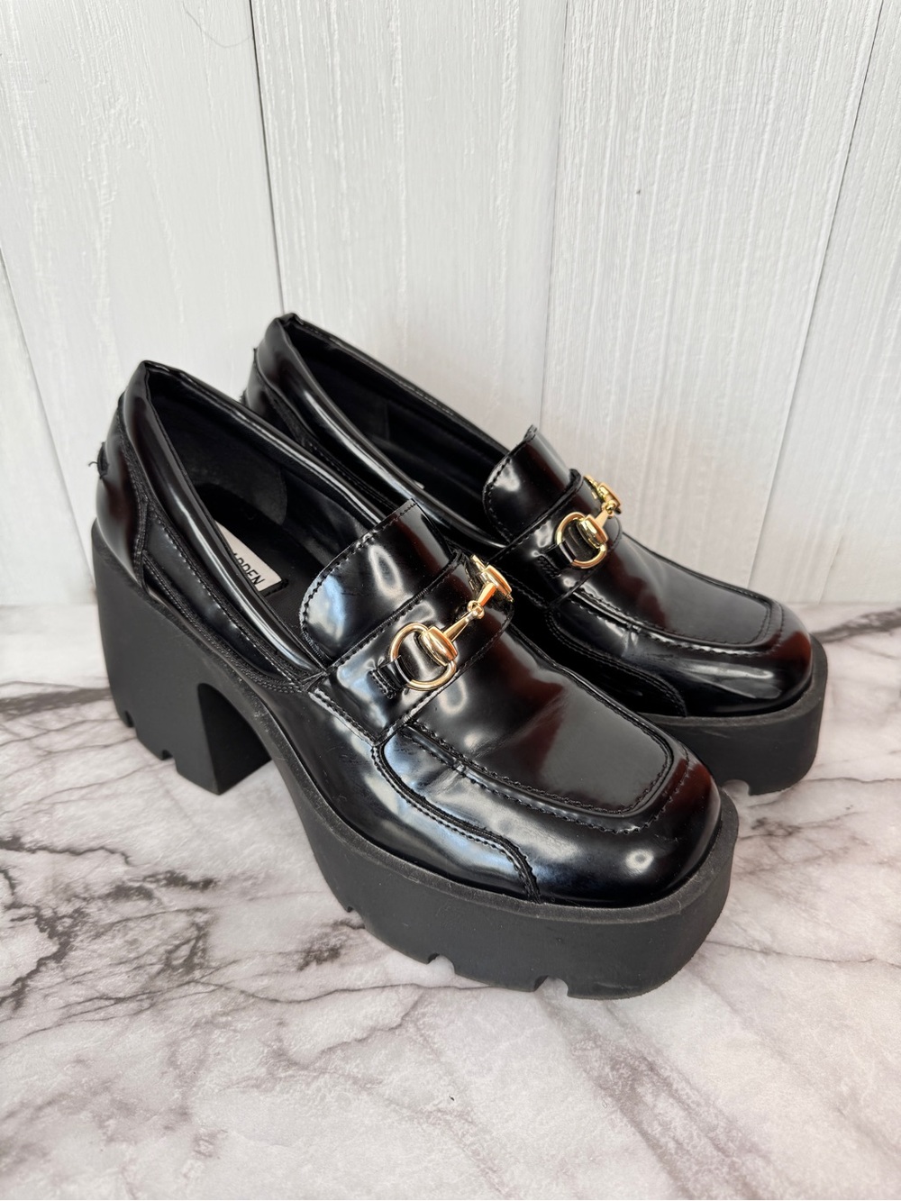 Steve Madden Penelope Womens Patent Block Heel Loafer Heels 9M